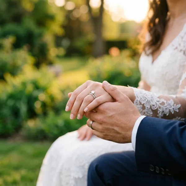 Tangan pengantin bertaut, bayangan keduanya jatuh di rumput